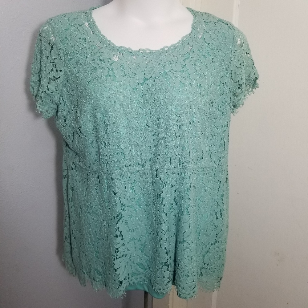 Isaac Mizrahi Turquoise Blue Layered Lace Top / 2X